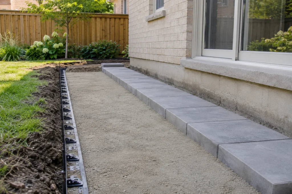 Straight bedding and paver placement beside fixed edge restraint