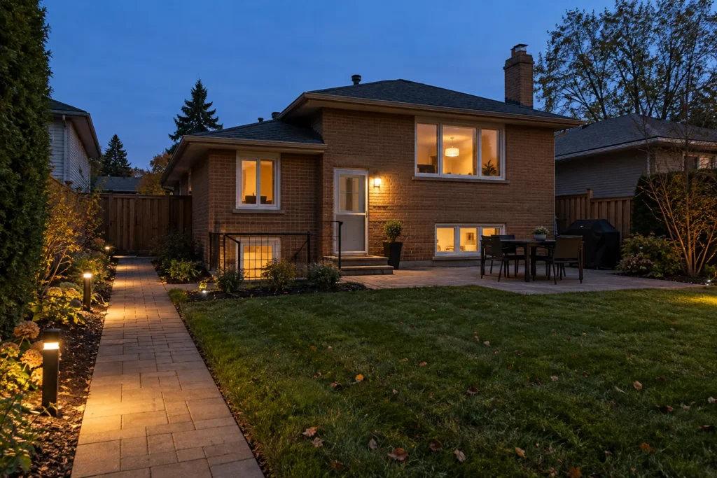 Illuminated paver path and rear patio at dusk behind a brick split-level home