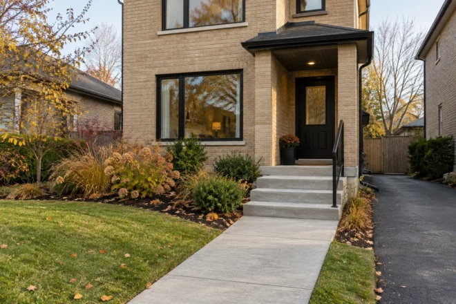 Clear concrete porch steps and front walk beside late-season planting and a buff-brick home.