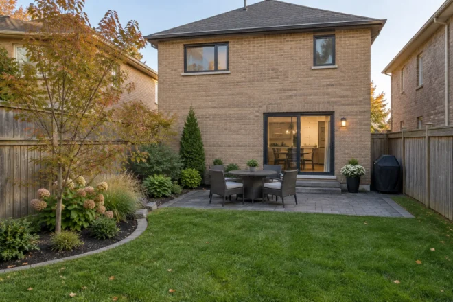 Four-seat dining patio and open lawn behind a tan-brick home