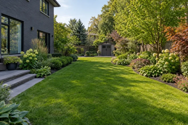 Long rear lawn framed by tidy layered garden borders