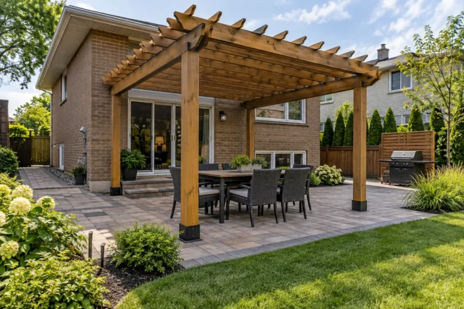 Timber pergola over a paver dining patio at a brown-brick split-level home.