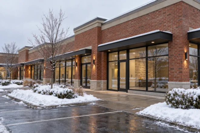 Retail property with defined pedestrian winter path