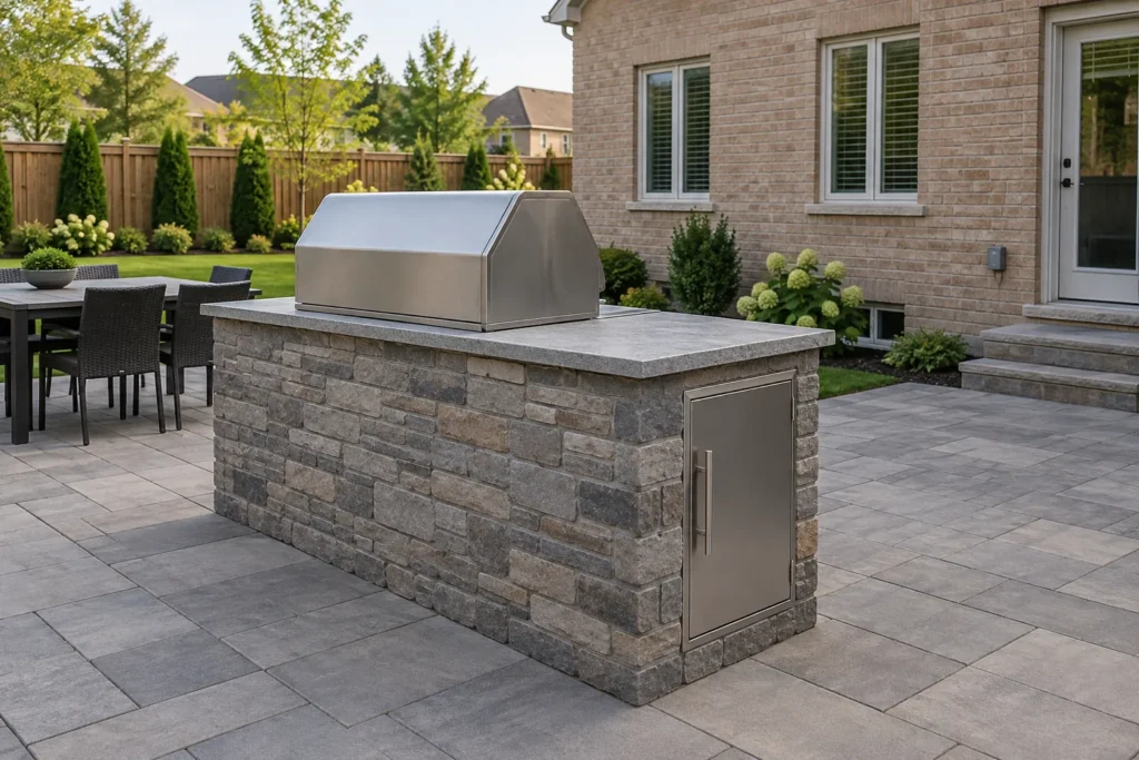 Finished stone cooking island beside clear paving with a covered utility outlet on the house