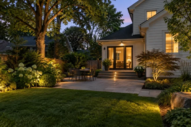 Mature-tree garden with modest accent illumination