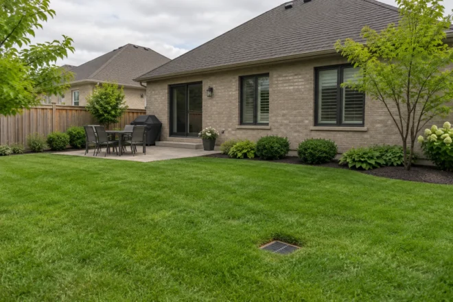 Small area-drain inlet in a maintained backyard lawn
