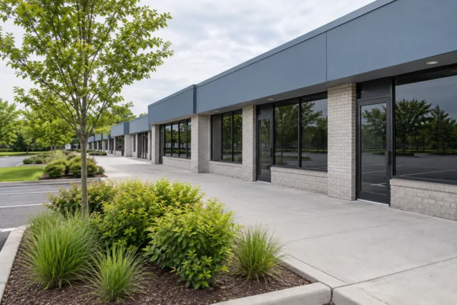 Retail plaza planting beds beside a clean unobstructed concrete pedestrian frontage.