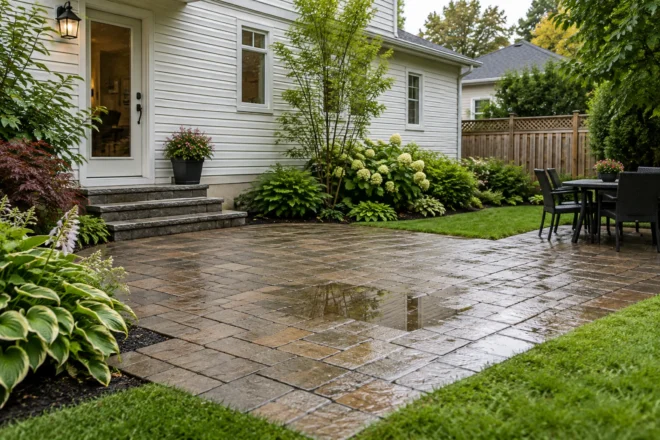 Localized low spot holding water on a backyard paver patio after rain
