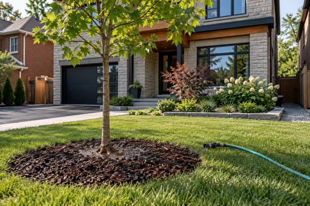 New planting watered with trunk flare and soil level kept visible