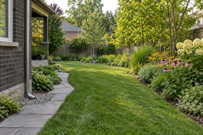 Discreet shallow grass runoff route along a planted garden edge