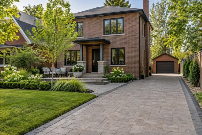 Maintained matte paver driveway leading to a detached garage