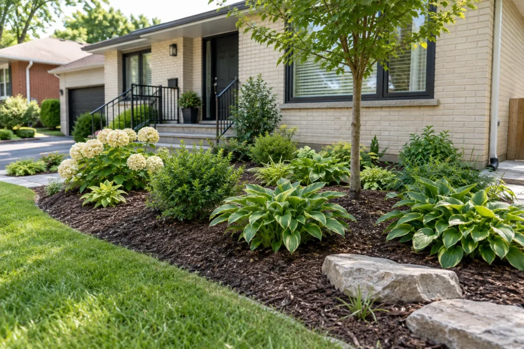 Mulched planted bed with root crowns exposed and accessible watering