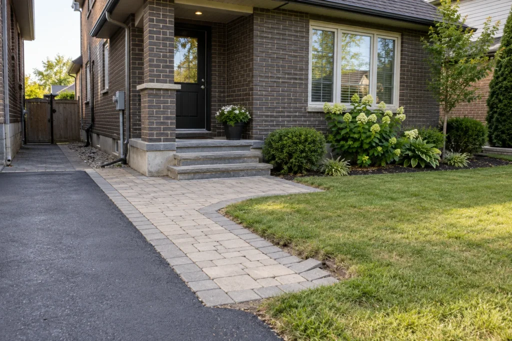 Wide front-property view showing an uneven paver edge and clear side access