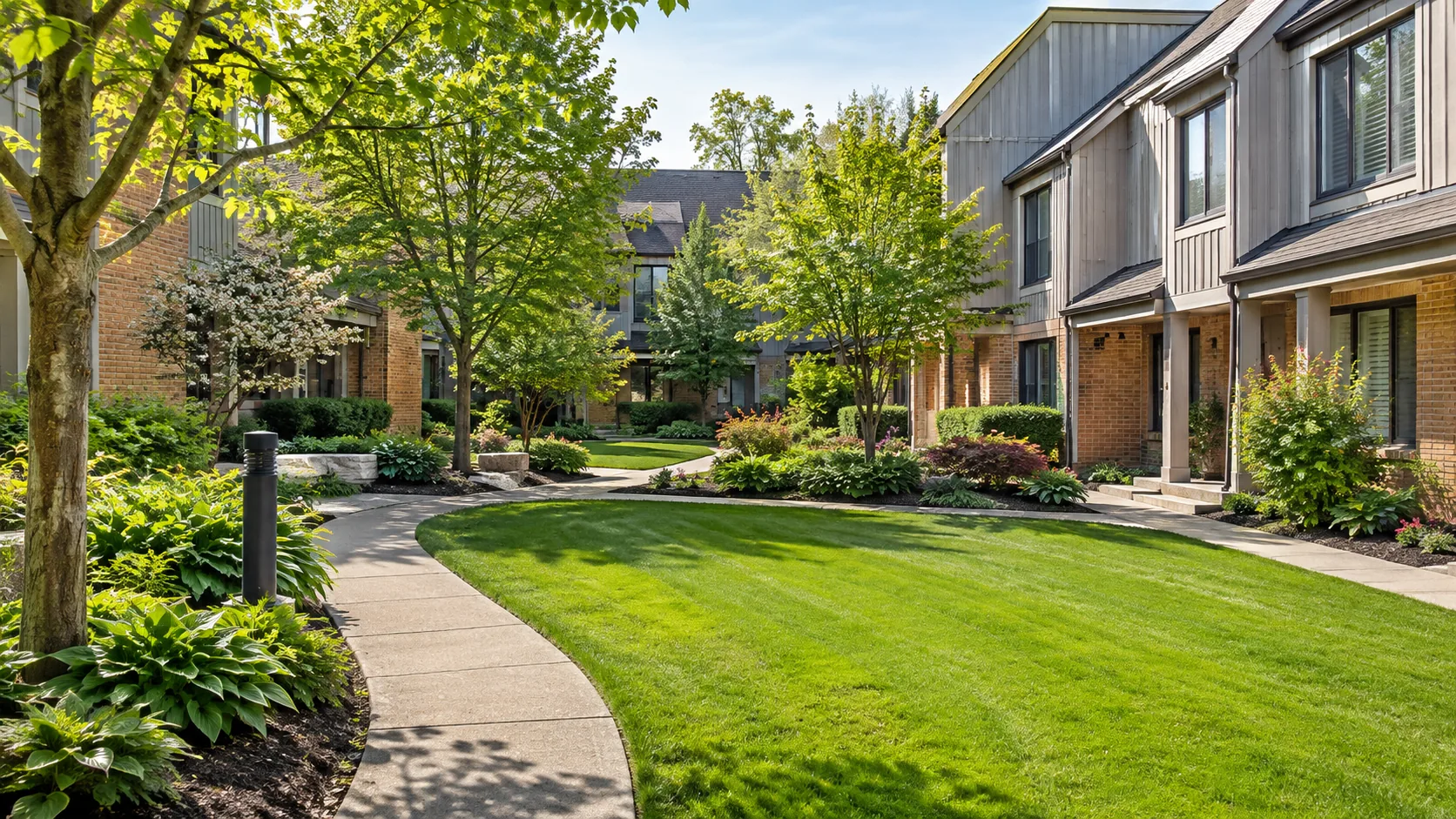 Townhouse complex common lawn, planted borders and walkways with believable shared access