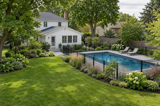 Garden-led pool landscape with lawn, layered planting and a white-sided home