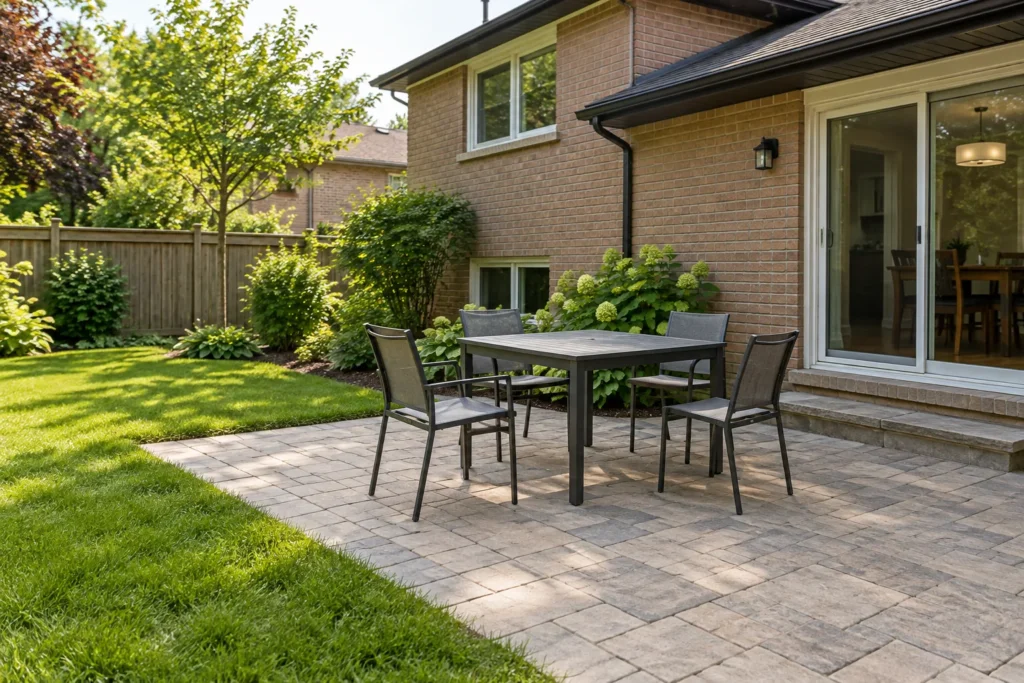 Outdoor dining chairs pulled away from a table beside an open patio route