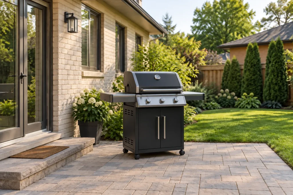 Unlit freestanding barbecue beside open patio space and a rear doorway