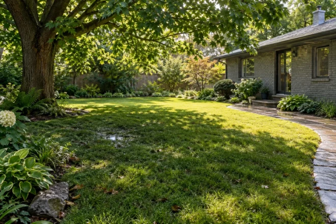 Shaded lawn drying unevenly beside a wet stone path