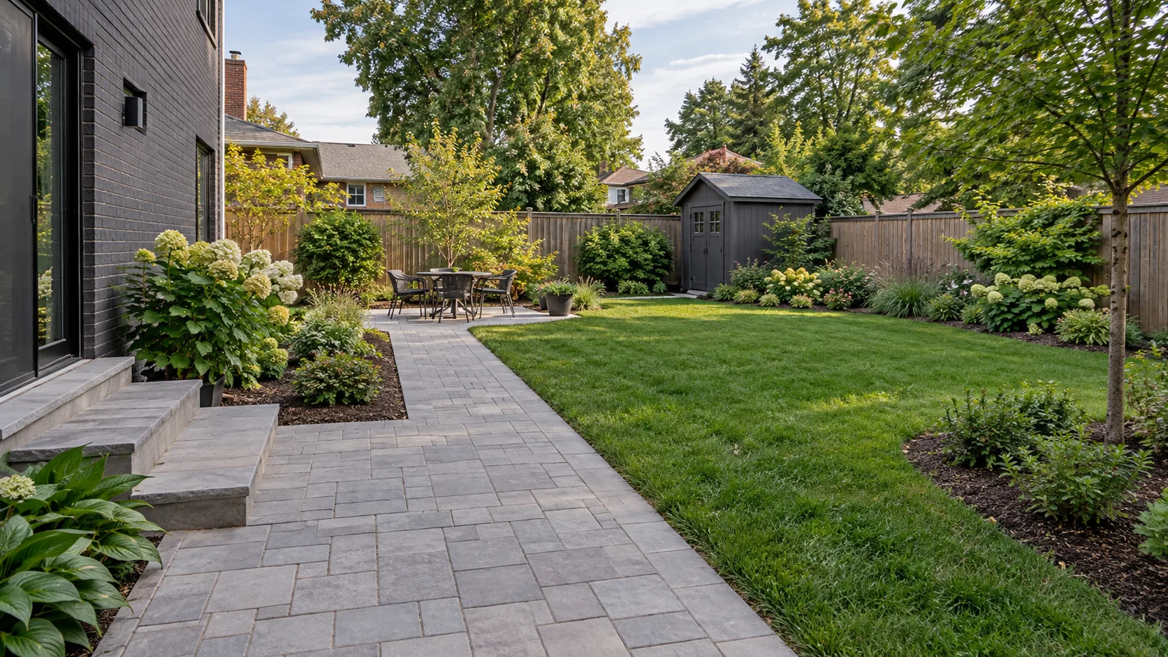 Simple backyard lawn with a direct paver path and accessible garden beds