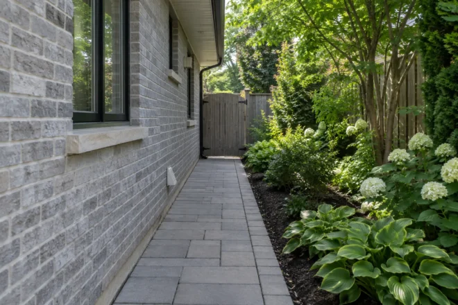 Narrow grey paver side path between a grey-brick house and a planted garden, ending at a wooden gate