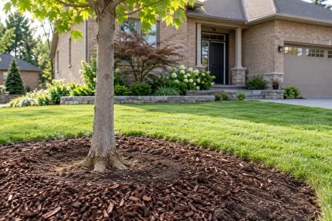 Garden tree with a broad soil area and visible trunk flare
