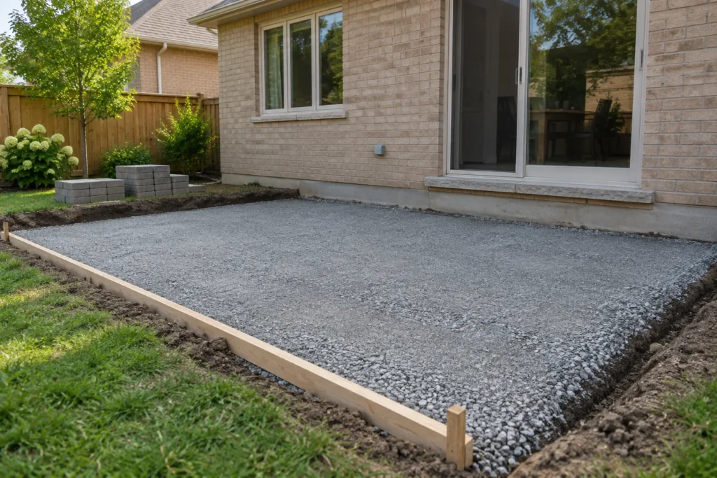 Compacted aggregate base within a shallow patio excavation beside a beige-brick house