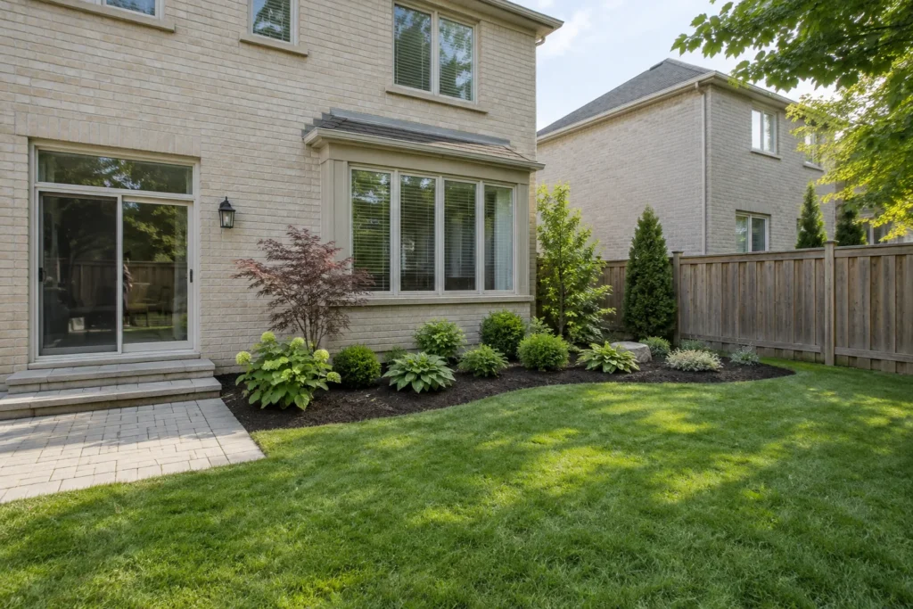 Newly planted curved garden bed with a clean lawn edge beside a light-brick house