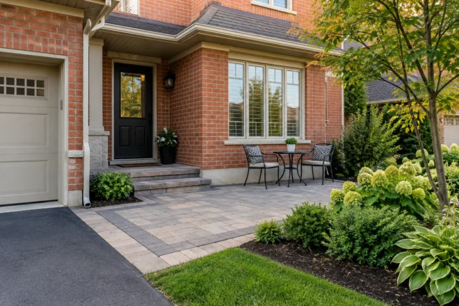 Two bistro chairs on a small paver patio beside a red-brick townhouse entrance.
