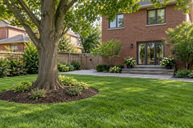 New turf surrounds a mulched ring beneath a retained mature tree