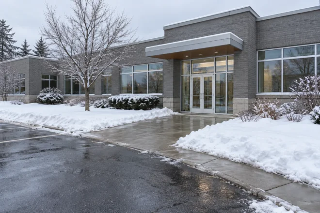 Office parking lot after realistic snow clearing