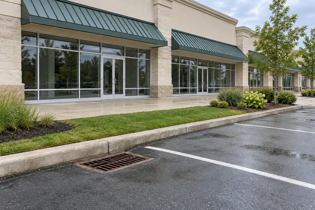 Clear storm grate near a retail parking curb beside lawn and an unobstructed storefront walkway.