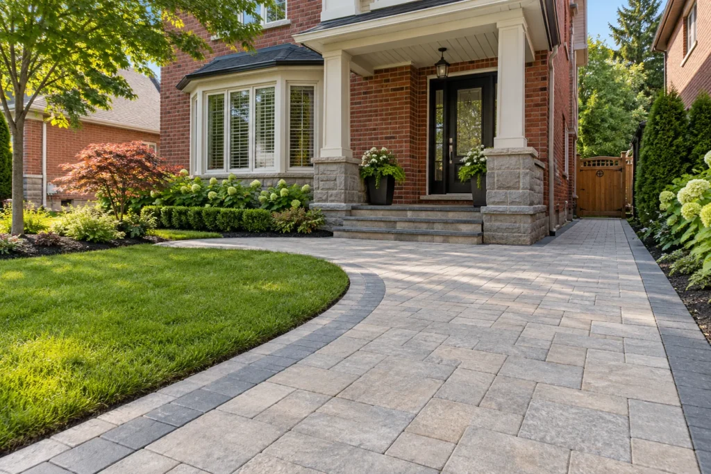 Paver walkway with clean filled joints and defined garden edges