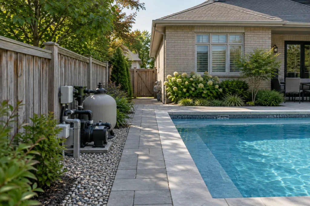 Pool equipment beside a gravel margin and a paved route to the side gate
