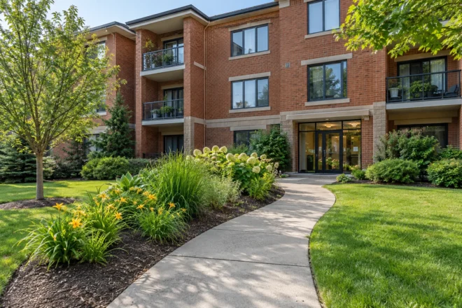 Condo common planting and lawn along a maintained shared walk