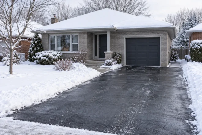 Cleared bungalow private driveway and entrance after fresh snow