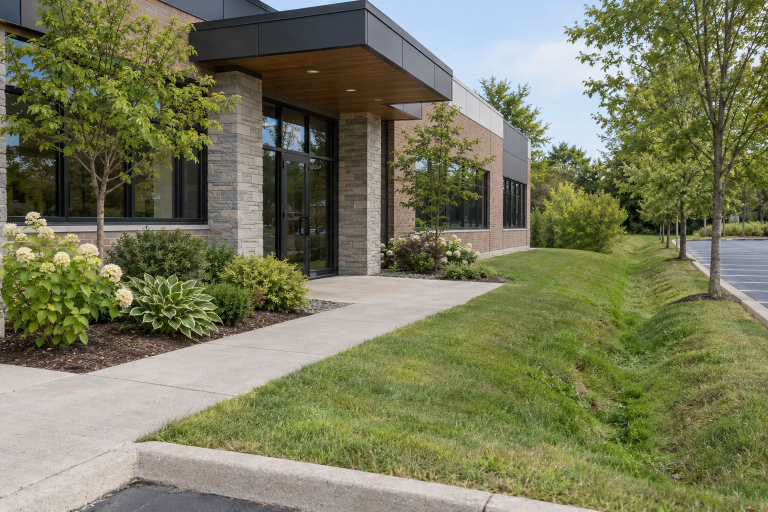 office entrance planting and common walk
