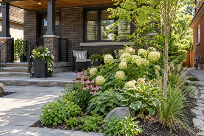 Fresh perennial planting beside a small patio