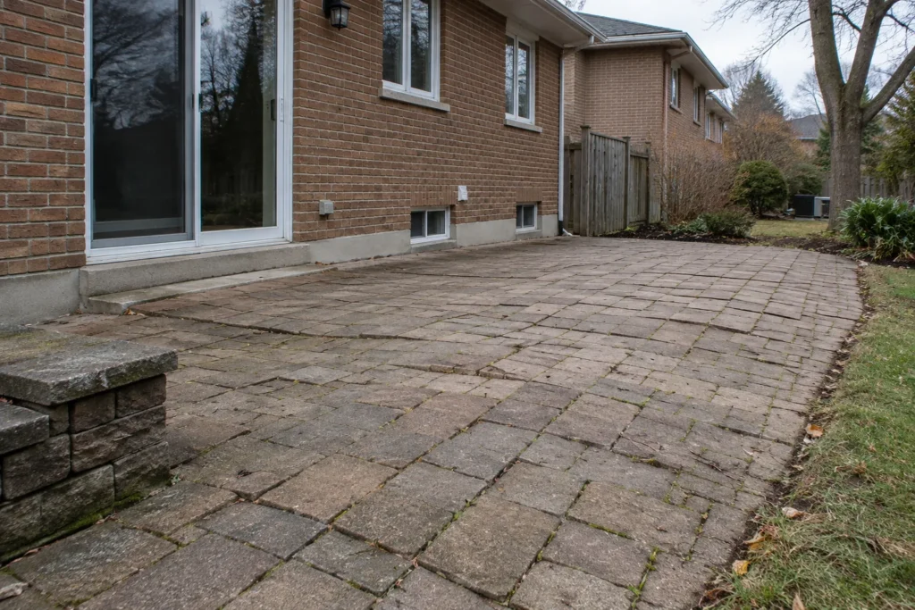 Worn interlocking terrace with broad heave and uneven joints