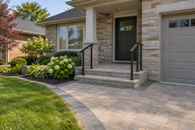 Smooth paver porch approach meeting shallow railed entry steps at a stone-accent bungalow.