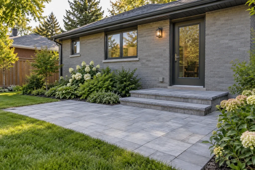Broad rear-door landing and two steps connecting a grey-brick house to a patio
