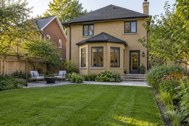 Rear lawn and separate gravel lounge area beside a brick bay window