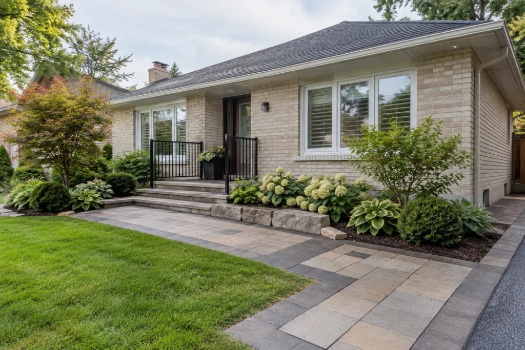 Natural-look paver finish at a cream-brick bungalow entrance