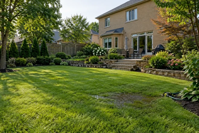 Localized wet lawn area after watering with surrounding garden levels visible
