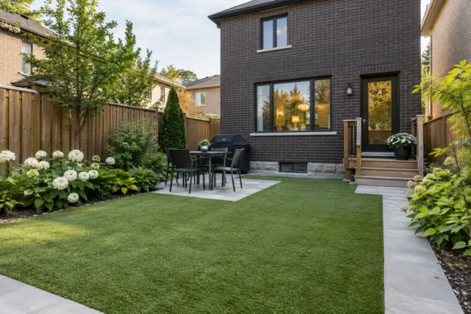 Synthetic lawn bordered by garden beds and a small sitting terrace at a dark-brick home