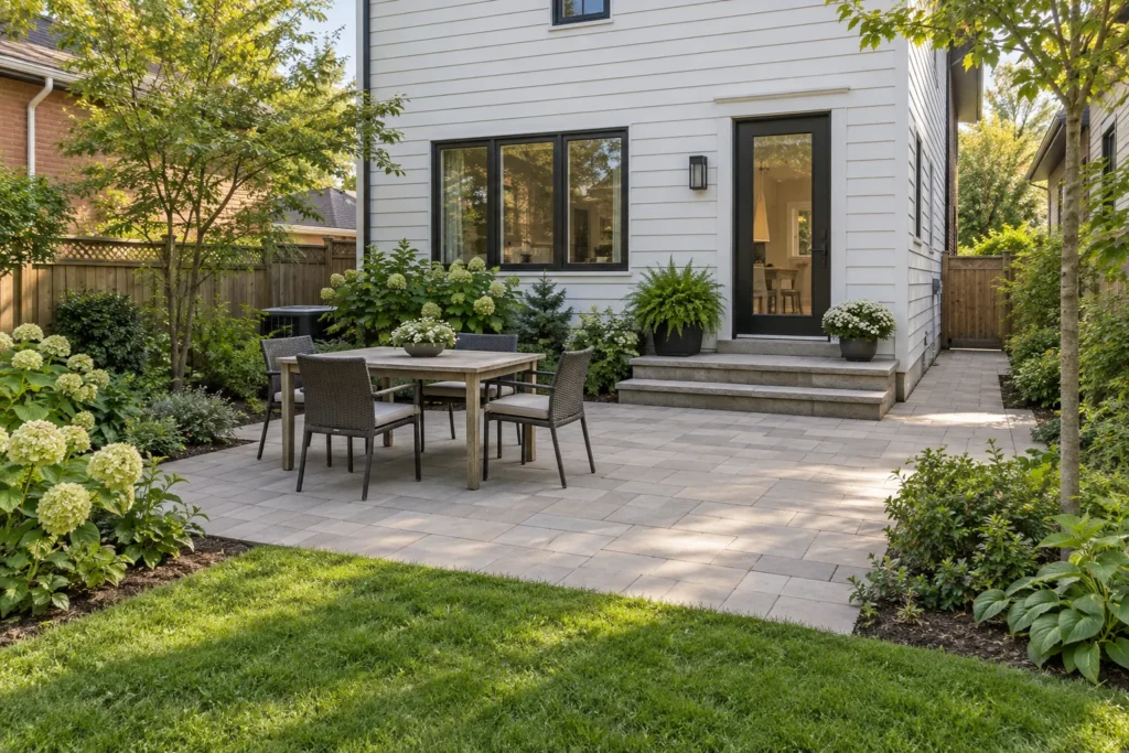 Backyard dining table with clear walking space on a modest paver patio