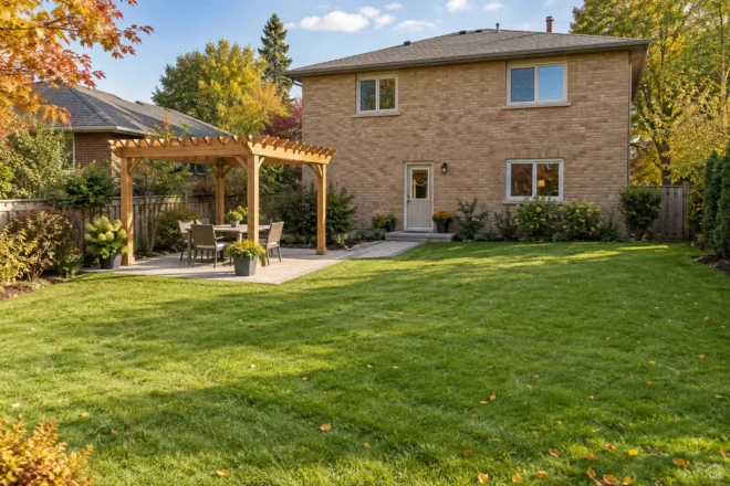 Compact cedar pergola and dining patio beside a broad open rear lawn