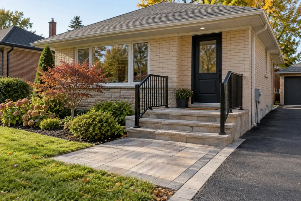 Paver approach and entrance landing with stone steps and black rails