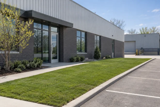 Replacement sod along a light-industrial frontage with a separate loading approach.