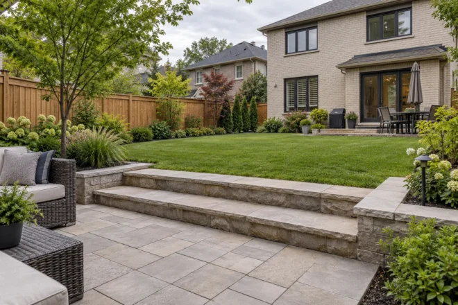 Stone terrace steps connecting a lower seating patio with an upper lawn