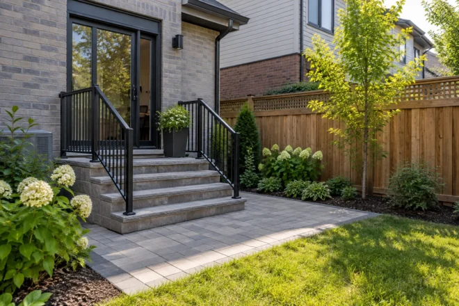 Townhouse rear steps with black rails opening onto a modest paver landing.